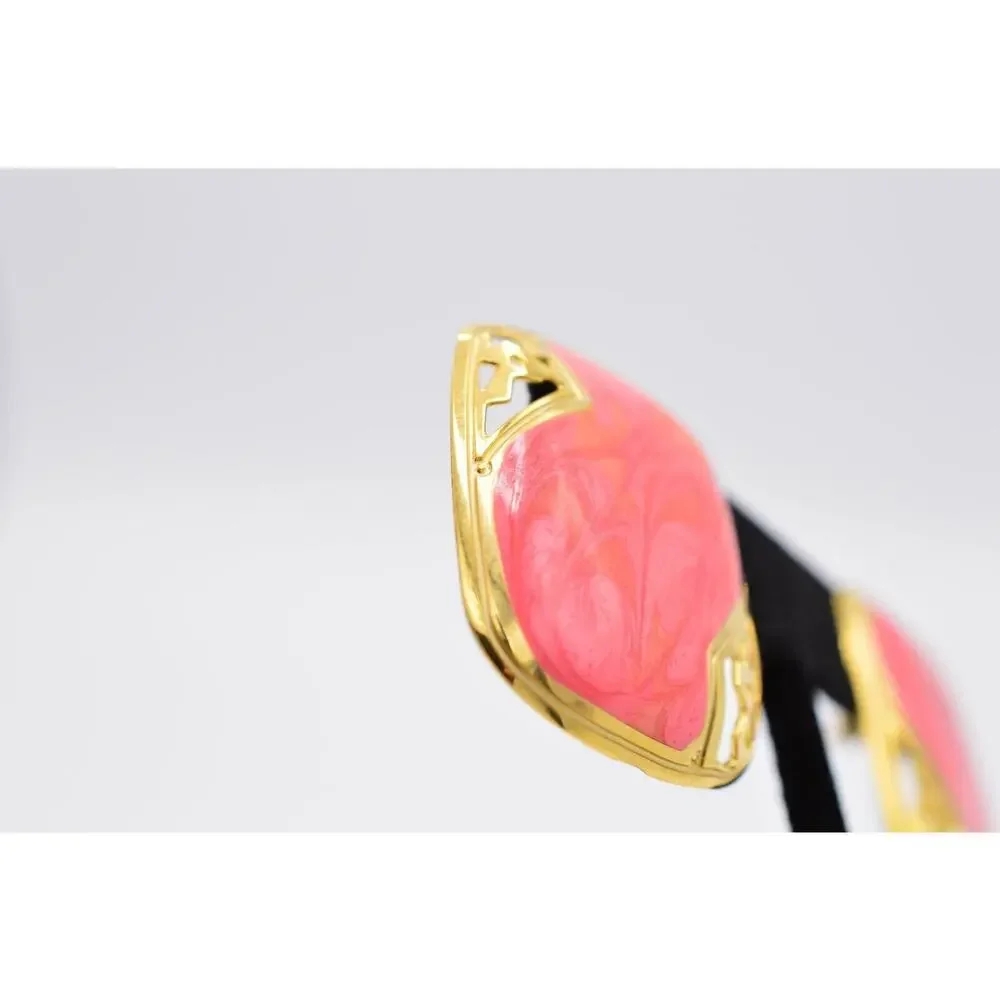 Vintage Chunky Pierced Earrings Gold Metal Pink Enamel Square 1980s BinAA